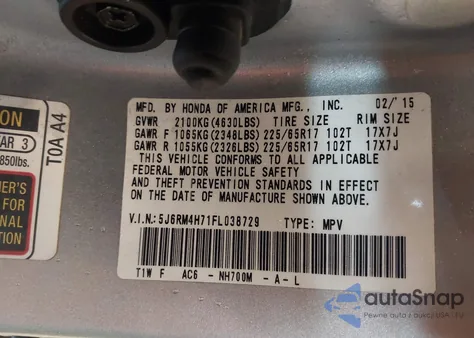 2015 Honda Cr-V Ex-L z USA, uszkodzony, nr VIN 5J6RM4H71FL038729